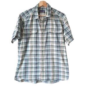 Patagonia Mens Shirt Size Medium El Rey Plaid Nylon Snap Button Green Blue Top M